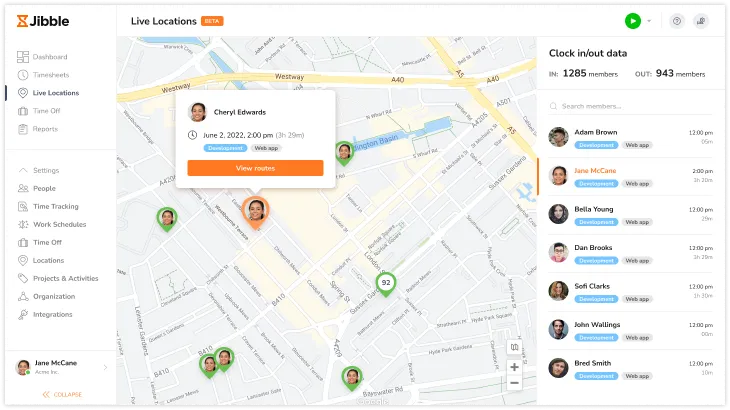 Viewing live locations on the web app