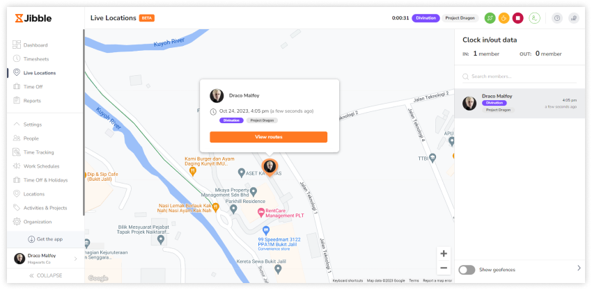 Live locations tab on the side navigation menu