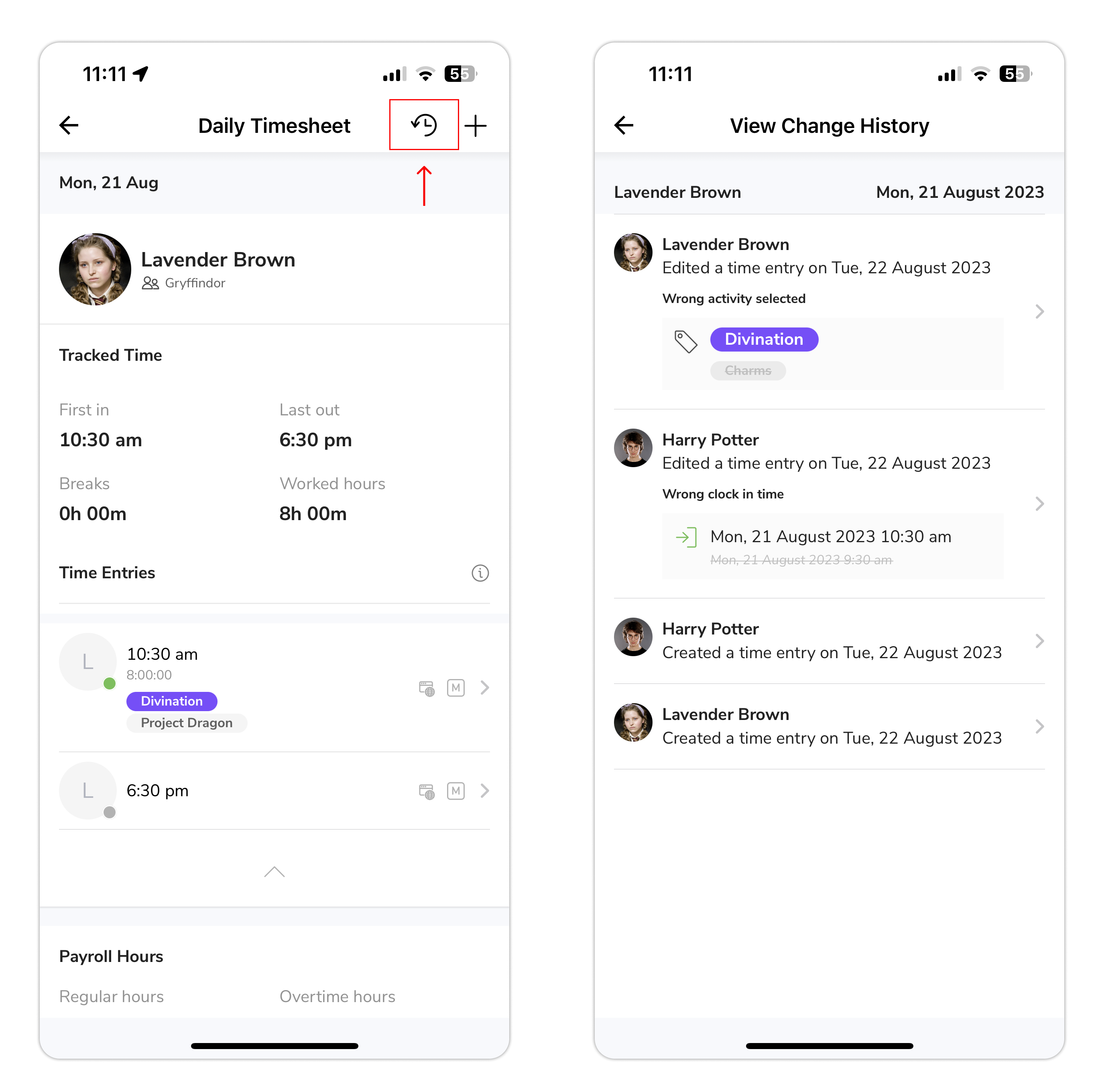 Logs of changes made to time entries on the mobile app