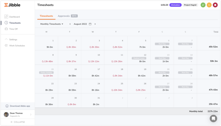 Monthly personal timesheets view on web