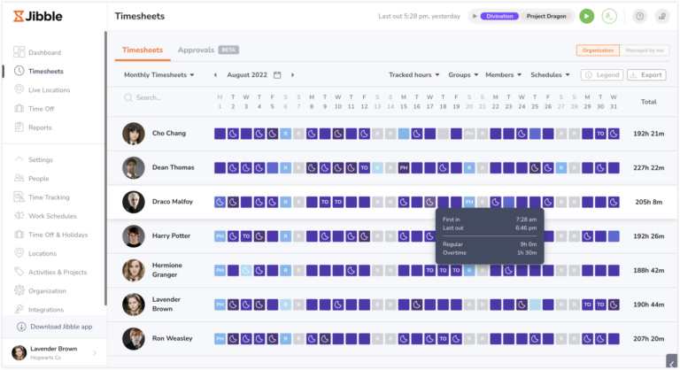 Monthy team timesheets view