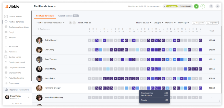Monthly timesheets view on the web app