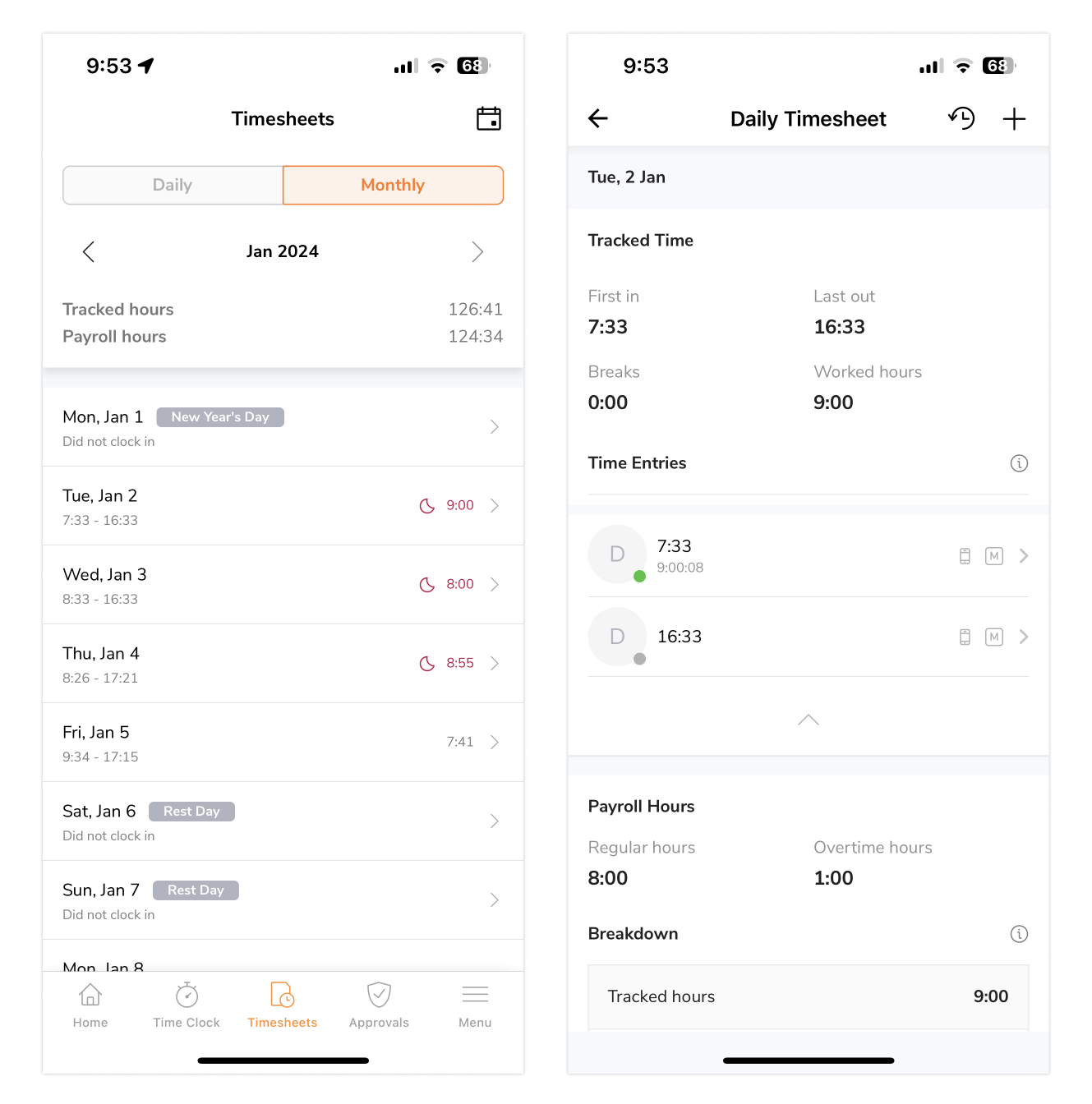 Monthly personal timesheets on mobile