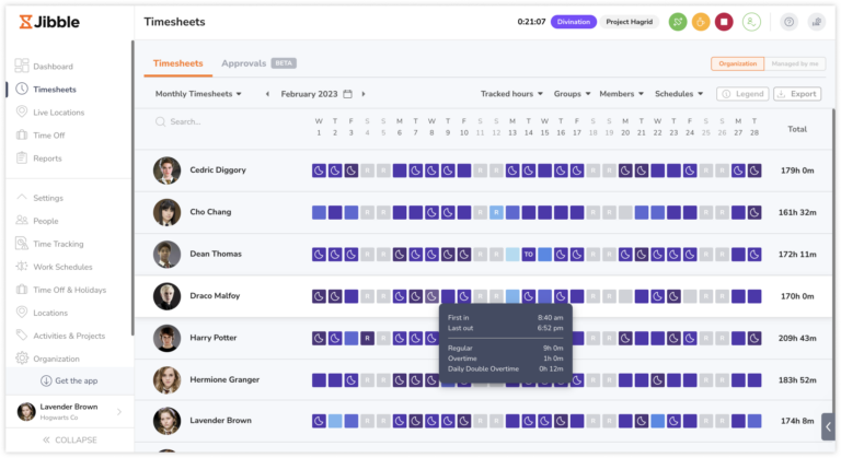 Monthly timesheets view on the web app