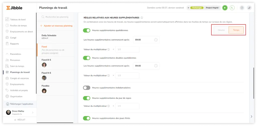 Selecting overtime thresholds by hours or time on the web app