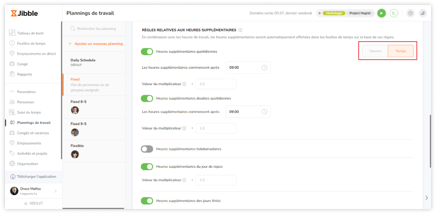 Selecting overtime thresholds by hours or time on the web app