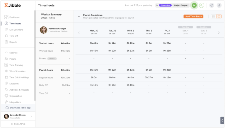 Breakdown of payroll hours for each day on timesheets