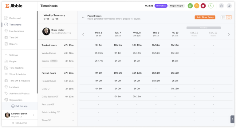 Payroll view of timesheets on the web app