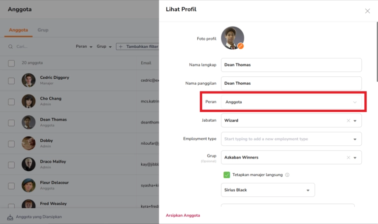 Pilih peran anggota di Jibble