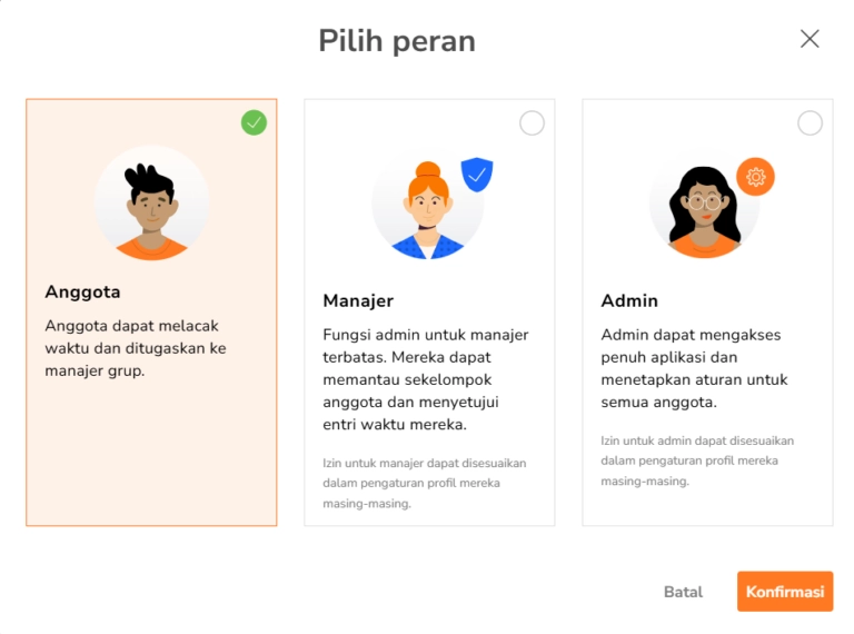 Pilih antara Manajer, Admin, atau Anggota