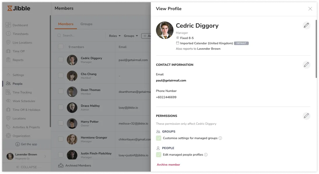 Profile details of a user in Jibble