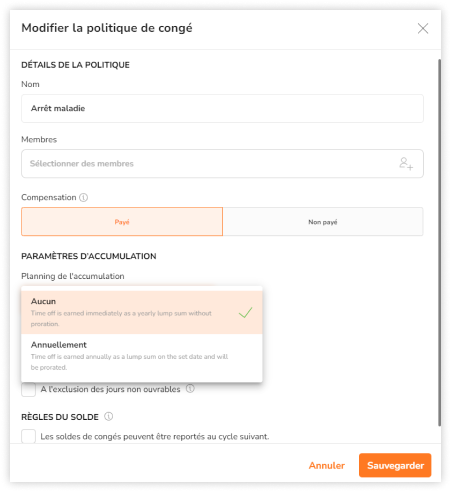 Selecting a schedule of accrual of none for paid time off policies