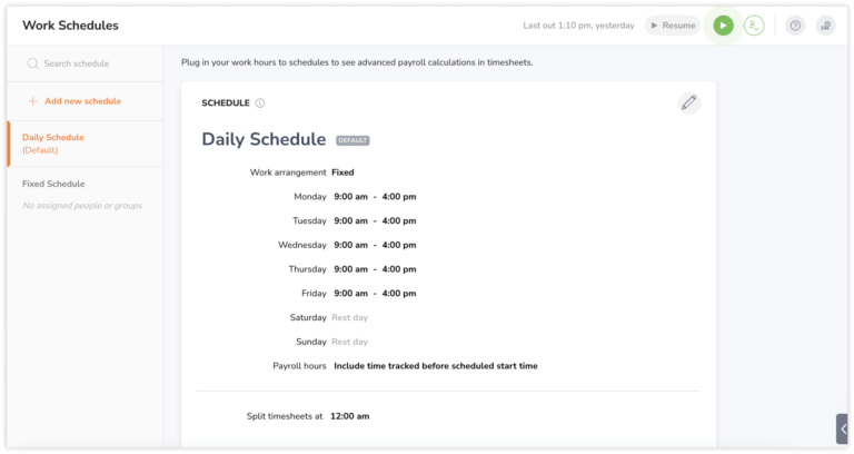 Work schedule details and settings