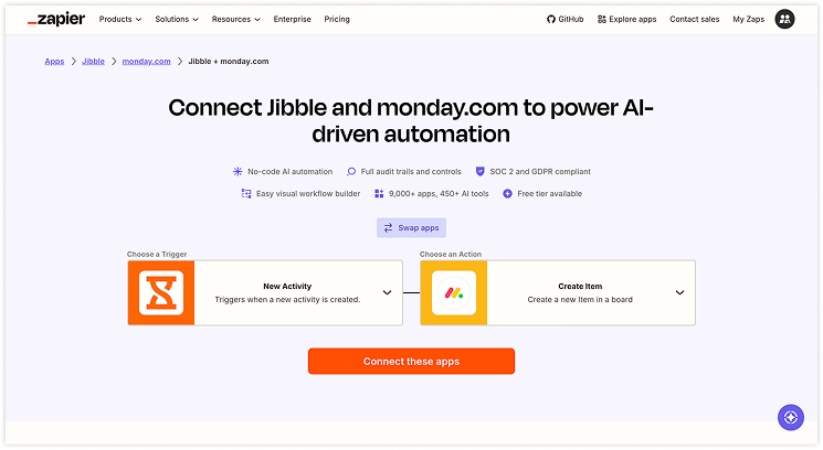 Integrações do Monday.com vinculadas ao Jibble pelo Zapier