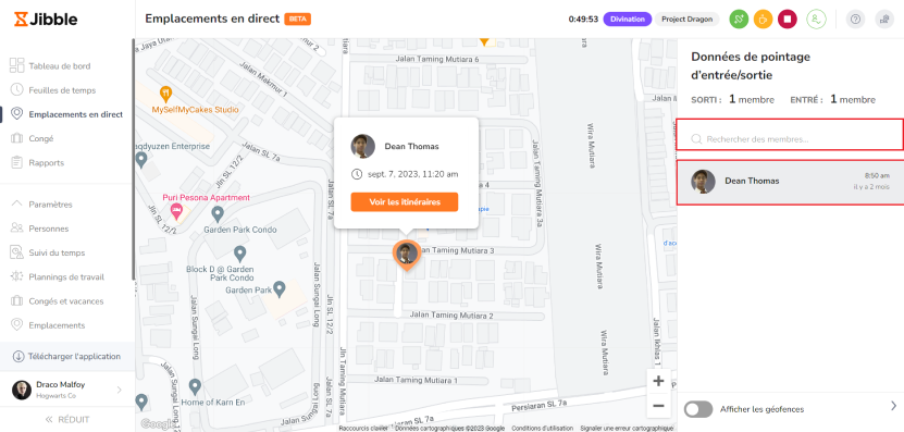 Searching for members on live location map