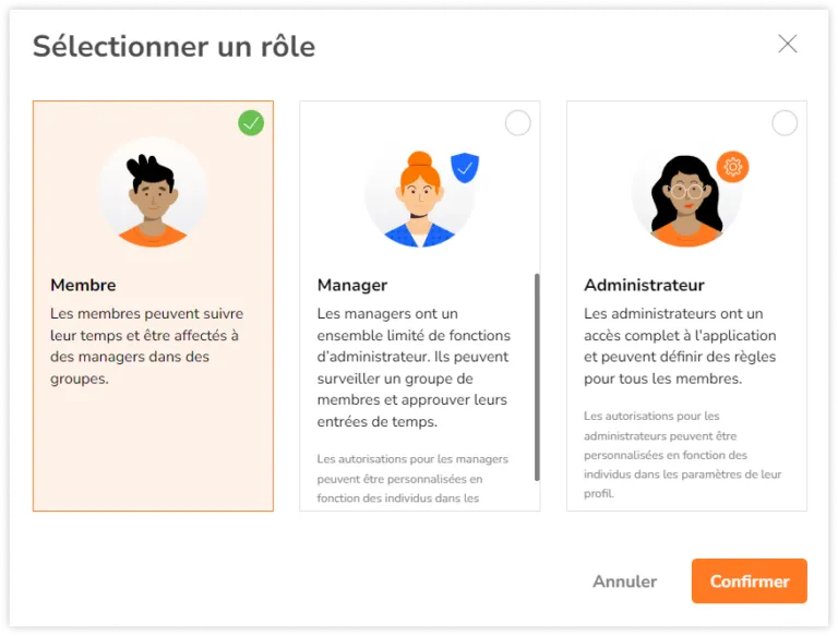 Sélectionner parmi trois options de rôle dans l'application web