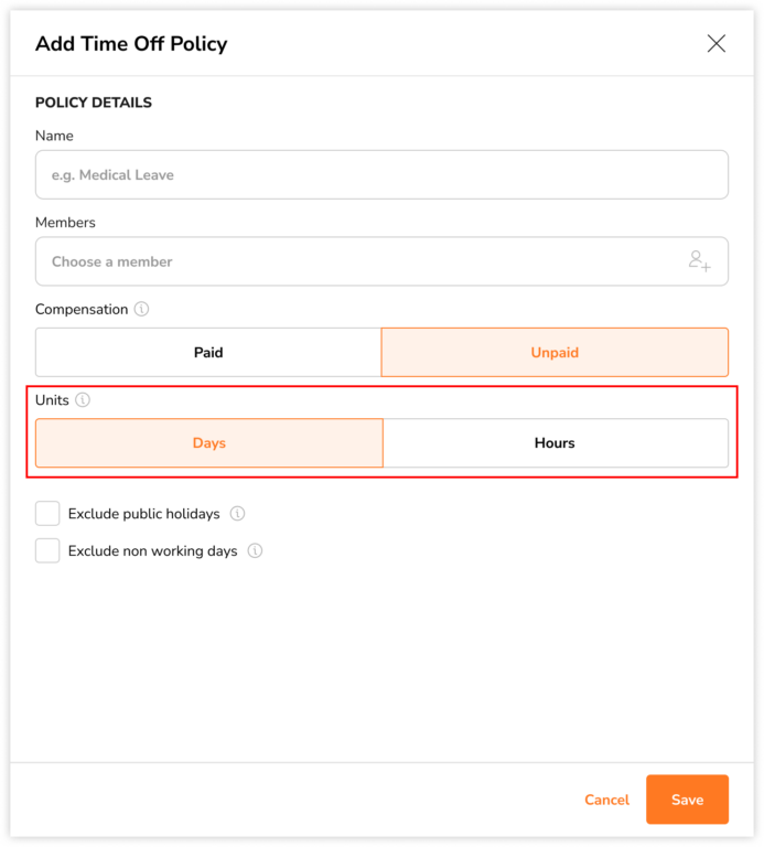 Selecting units of days or hours for unpaid time off policies on the web app