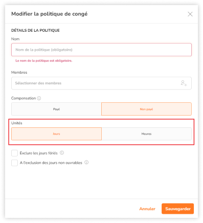 Selecting units of days or hours for unpaid time off policies on the web app