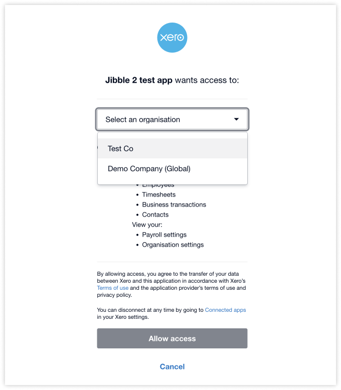 Selecting Xero organization to sync with Jibble