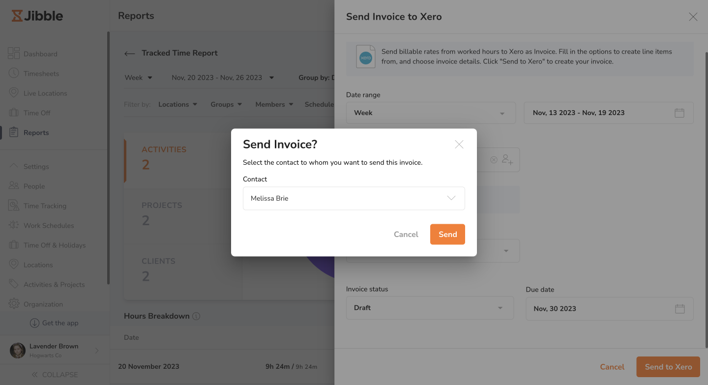 Selecting a contact from Xero to send invoices