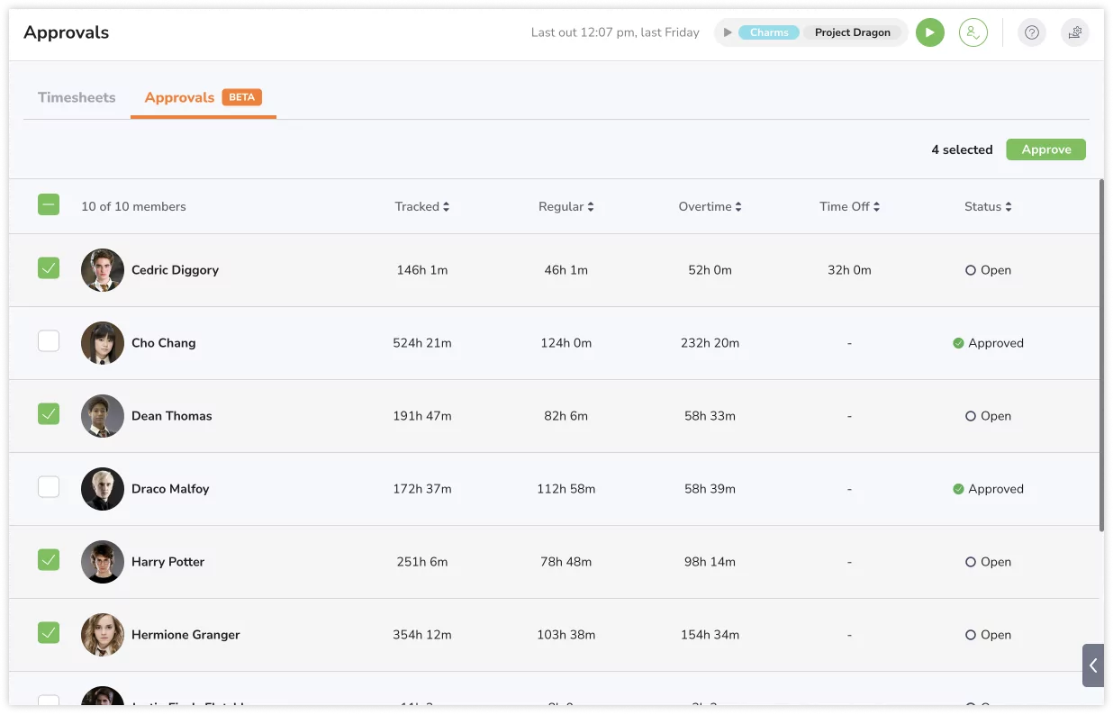 Selecting members in bulk to approve timesheets