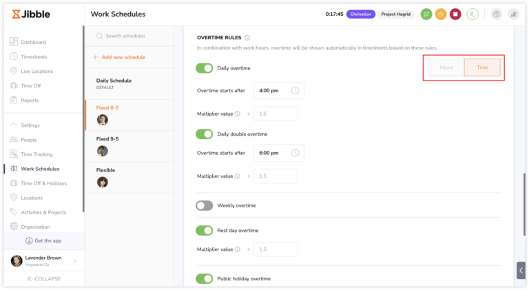 Selecionando limites de horas extras por horas ou tempo no aplicativo da web