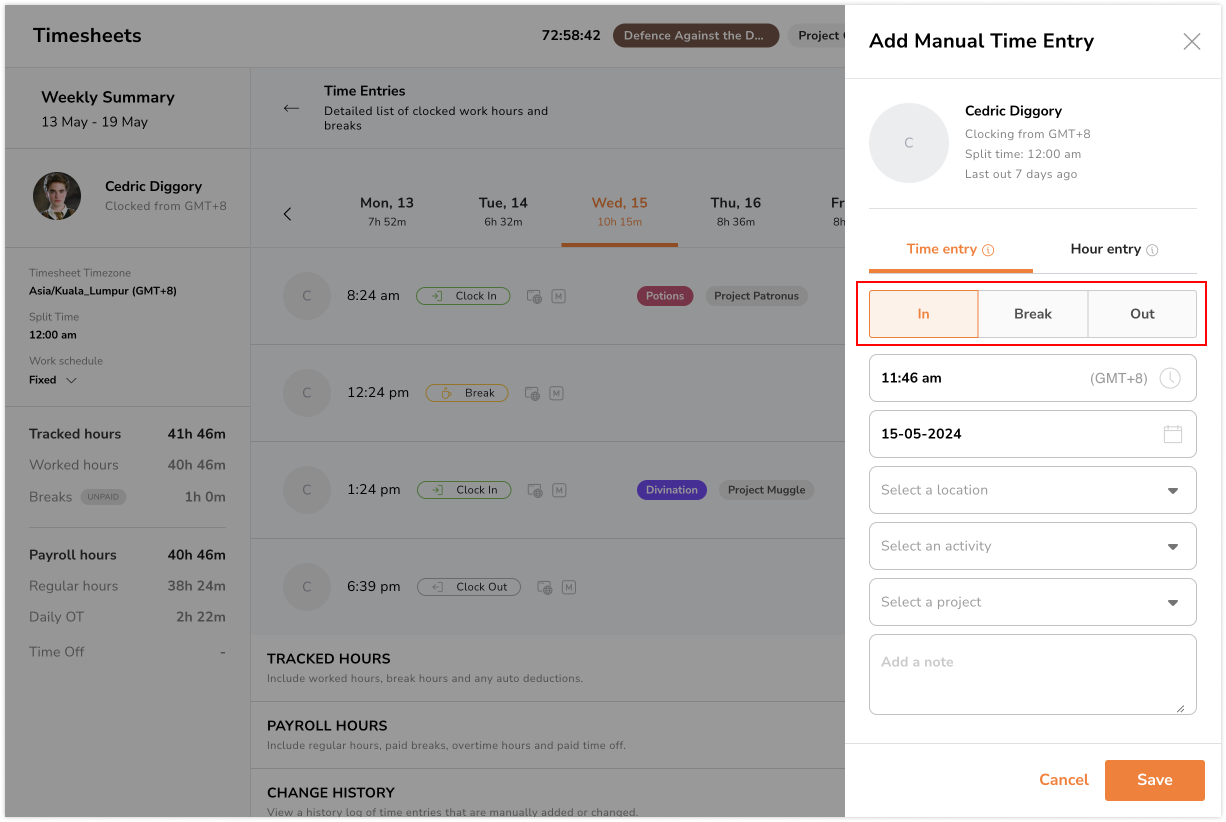 Selecting type of time entry to add