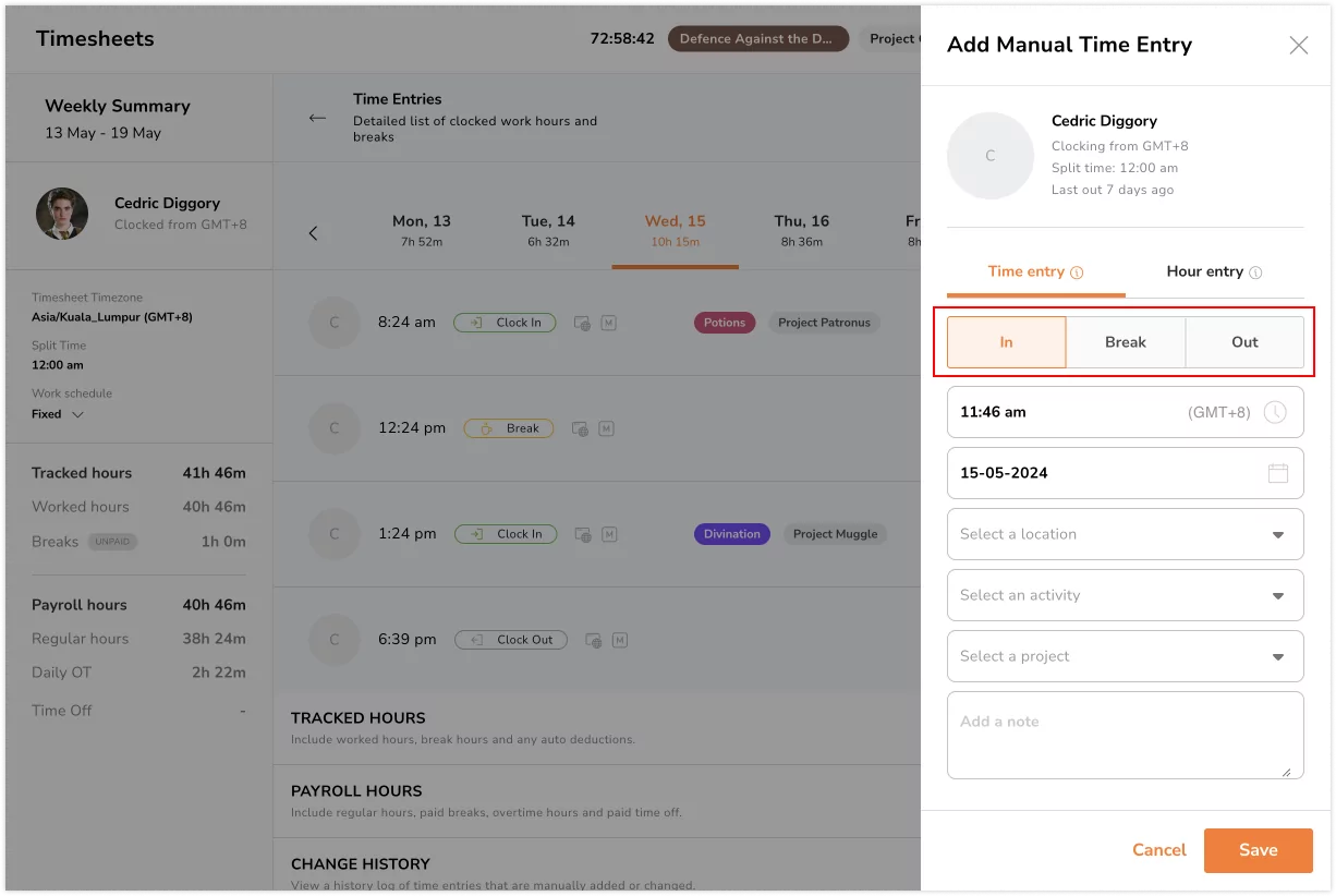 Selecting type of time entry to add