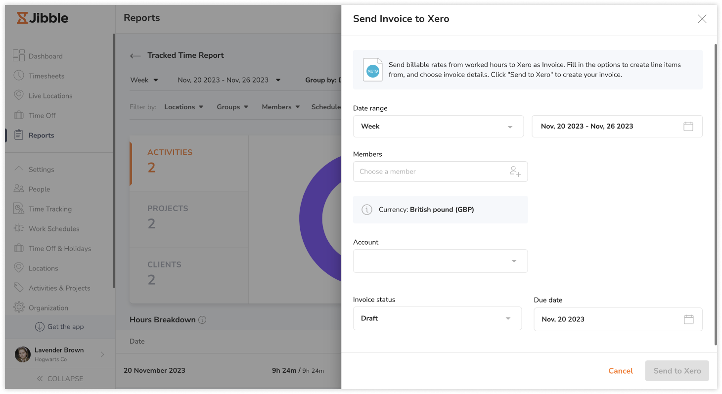Sending invoices to Xero from Jibble