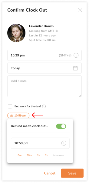 Setting clock in reminders during clock out