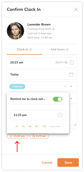 Setting clock out reminders during clock in