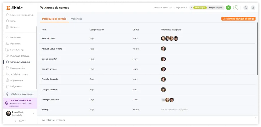 Time off policy settings on web