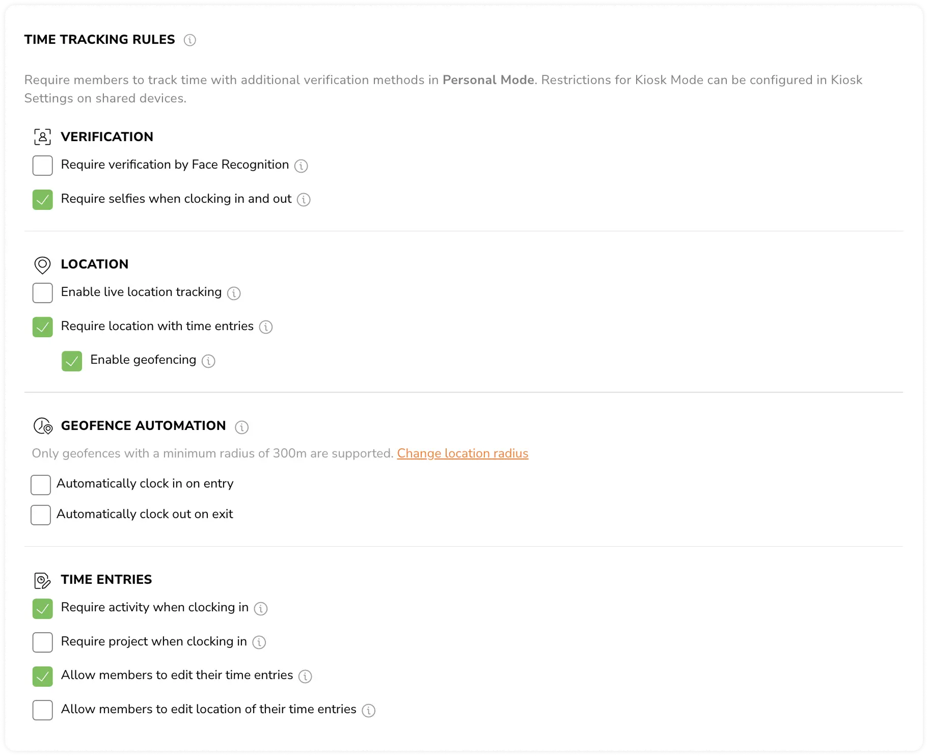 Time tracking software with custom settings