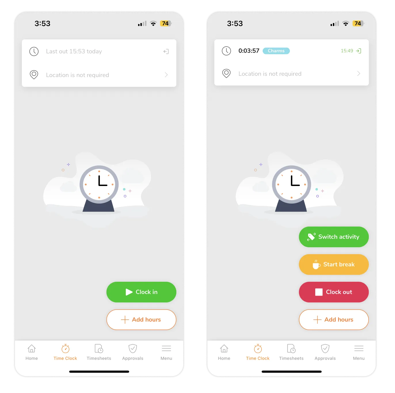 Timer buttons on the mobile app