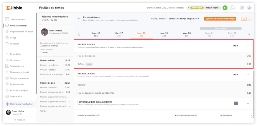 Viewing tracked hours breakdown on timesheets