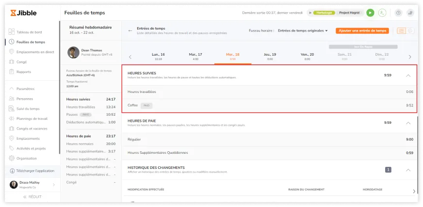 Viewing tracked hours breakdown on timesheets