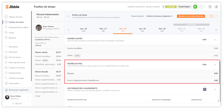 Viewing payroll hours breakdown on timesheets