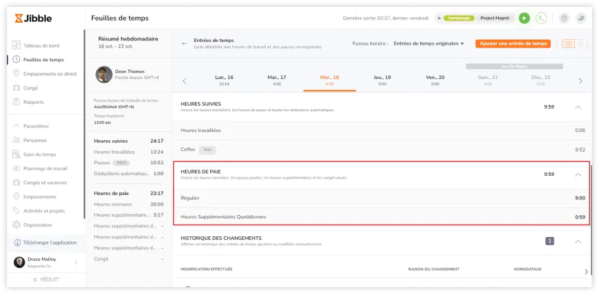 Viewing payroll hours breakdown on timesheets