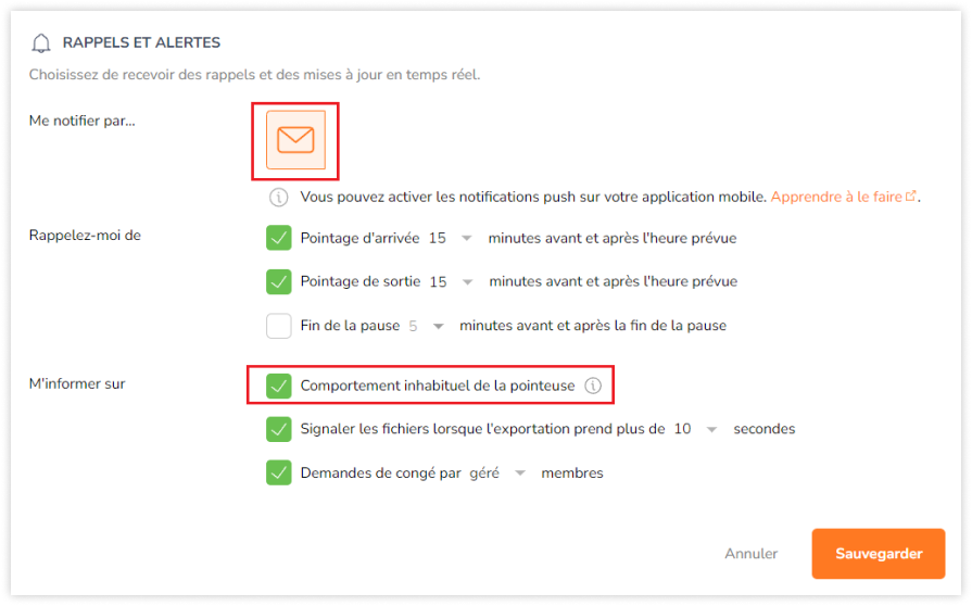 Enabling email notifications for unusual time clock behaviour on the web app