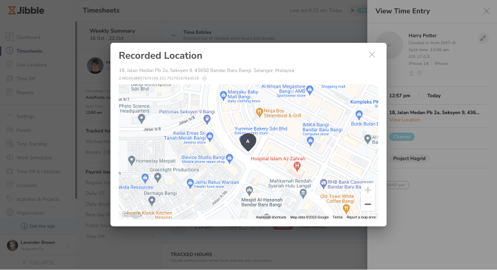 Viewing GPS locations on detailed timesheets