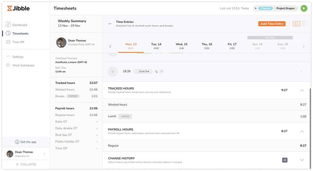 Visualizando planilhas de horas detalhadas como membro no aplicativo web