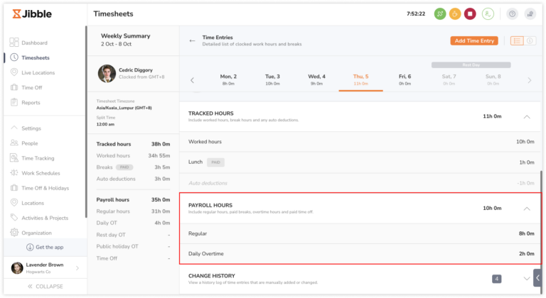 Viewing payroll hours breakdown on timesheets