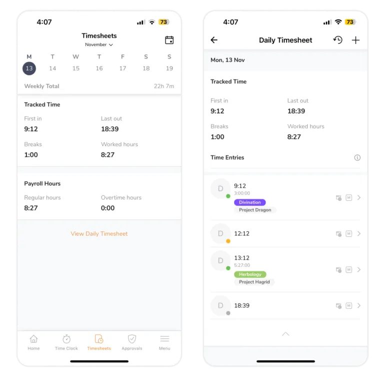 Viewing timesheets as a member on the mobile app