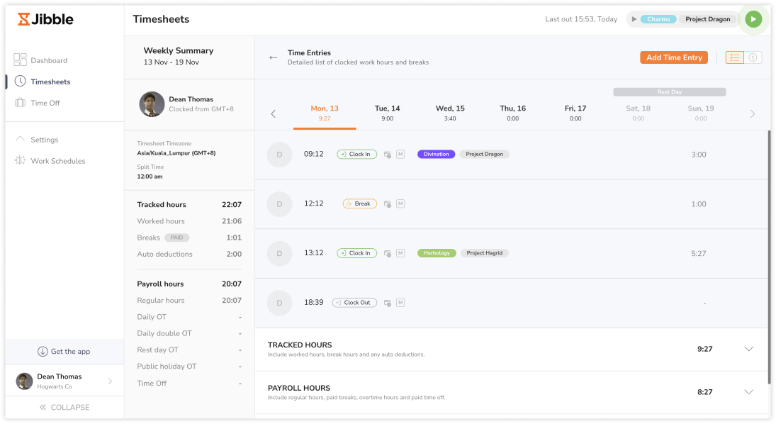 Visualizando planilhas de horas como membro no aplicativo web