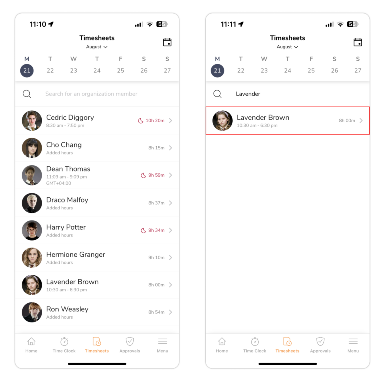 Viewing timesheets on the mobile app 