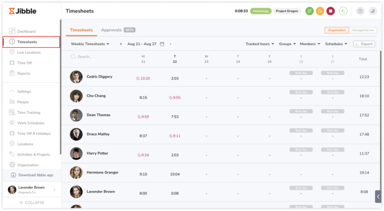 Viewing timesheets on the web app