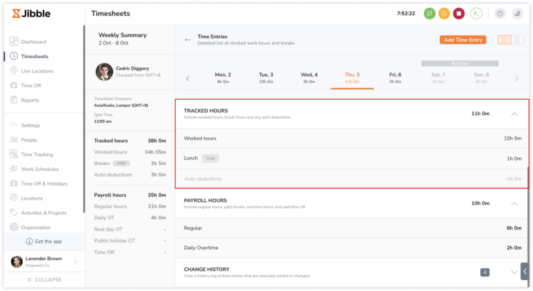 Viewing tracked hours breakdown on timesheets