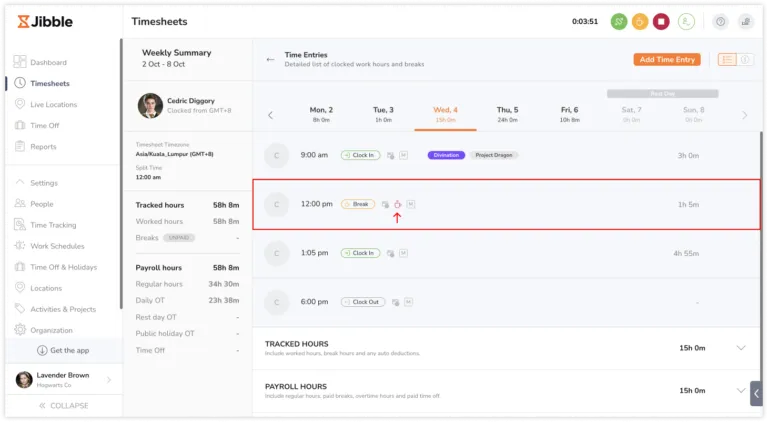 Ikon istirahat yang dilanggar ditampilkan pada lembar waktu di aplikasi web