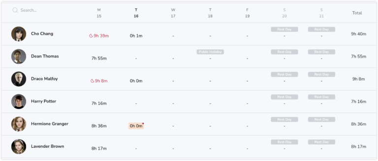 Weekly team timesheets updated in real-time and shown as a red indicator when new time entries are added