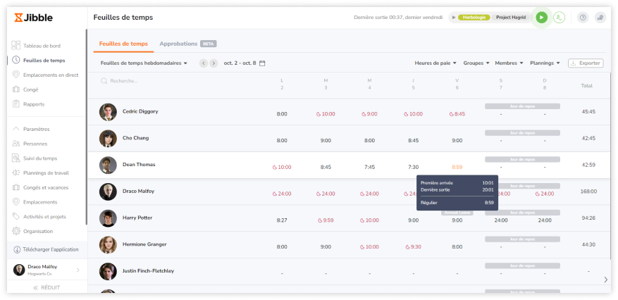 Weekly timesheets view on the web app